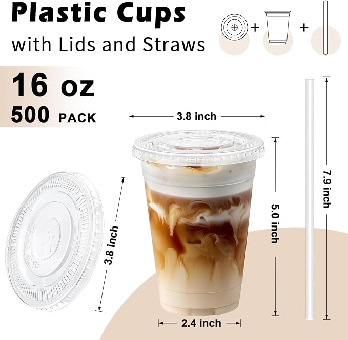 Lamosi 500 Pack 16 oz Clear Plastic Cups with Lids and Straws | Disposable Plastic Cold Cups for Iced Coffee, Smoothies, Parties, Picnics, Office Drinks, Light To-Go Use and Easy Cleanup