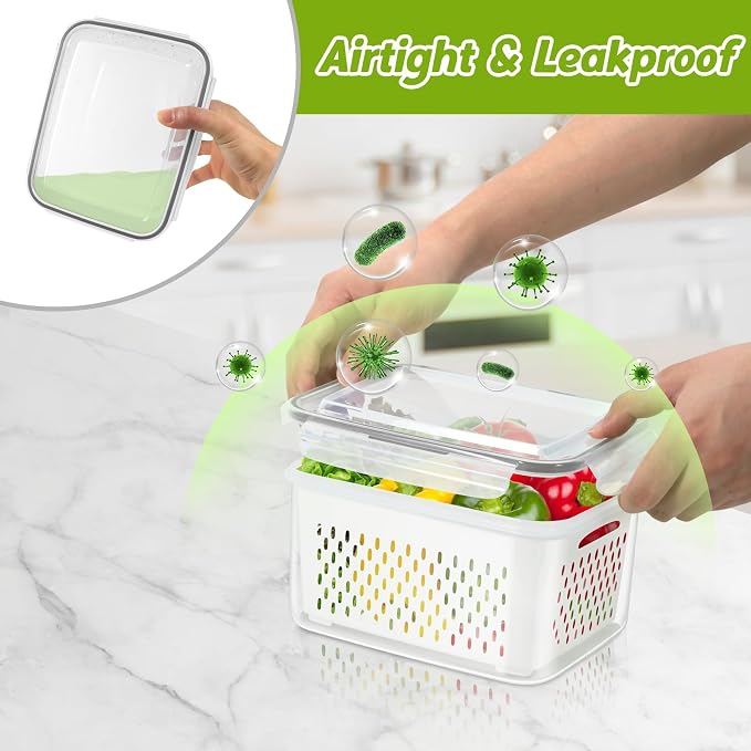 6 Pieces Large Fruit Produce Storage Containers for Fridge Keep Fresh | 3 Pack Lettuce Keeper with Colander, BPA-Free Plastic Berry Containers Vegetables Saver Refrigerator Organizer