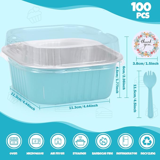100 Pack 10oz Mini Cake Pans With Lids, Aluminum Foil Square Brownie Baking Cups,Disposable 4”x4” Large Cupcake Pan,Jumbo Muffin Tin Ramekins Holders (Light Blue)
