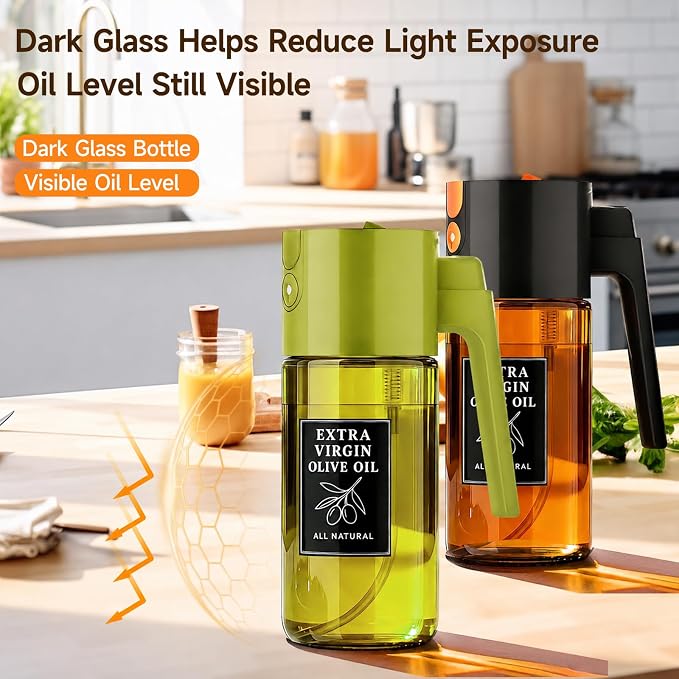 2-Pack 2-in-1 Oil Sprayer & Dispenser Dark Glass Fine Mist No-Drip | Two 500ml dark glass bottles for BBQ, salad, outdoor meals, oil & vinegar; food-safe, 304 filter, wide-mouth refill/cleaning.