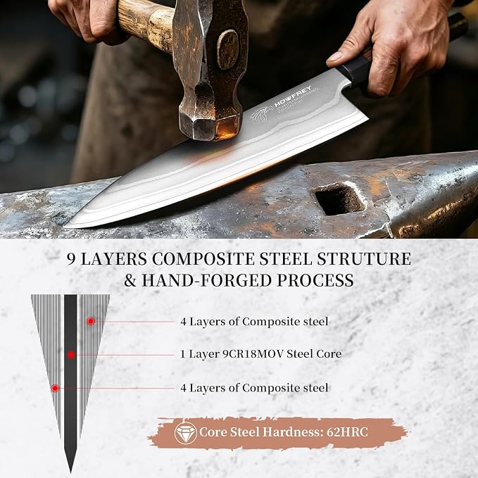 Japanese Chef Knife, Hand Forged 8 Inch 9 Layers 9CR18MOV High Carbon Steel Kitchen Knife with Bubinga Non-standard Octagonal Handle, Cooking Knives for Home Kitchen Gift Idea