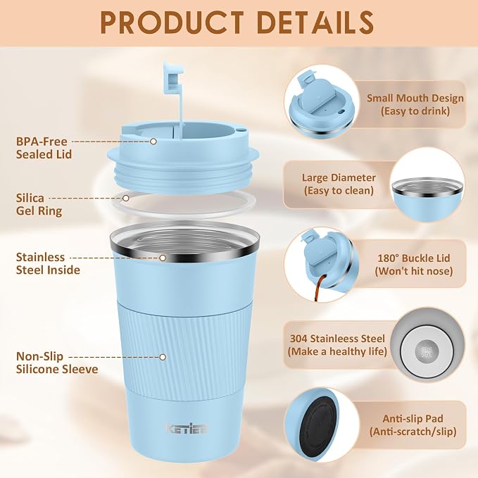 KETIEE Travel Coffee Mug 12oz: Insulated Coffee Cup with Leakproof Lid, Coffee Tumbler, Reusable Coffee Cups with Seal Lid, Vacuum Stainless Steel Coffee Mug to Go for Hot/Iced Water Tea | Coffee Tumbler, Reusable Coffee Cups with Seal Lid, Vacuum Stai...
