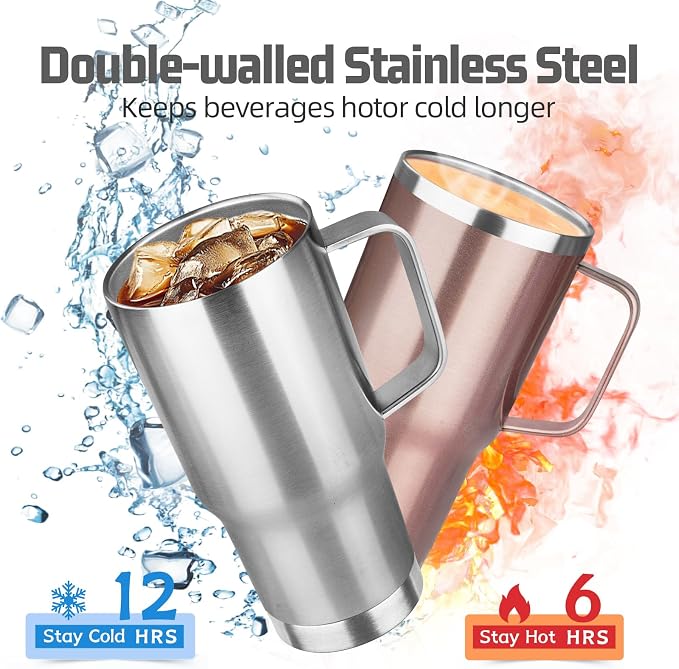 20 oz Tumbler with Handle Stainless Steel Insulated Coffee Tumbler with Lid and Straw Double Wall Vacuum Insulated Coffee Mug Leak Proof Travel Mug Tumbler for Hot and Cold Drink (Silver,6pack)