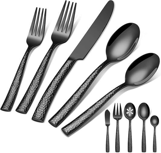 65-Piece Silverware Set with Serving Utensils, Ollex Durable Stainless Steel Black Hammered Flatware Set for 12 with Knives Forks Spoons Large Serving Utensil Set for Home Restaurant, Dishwasher Safe