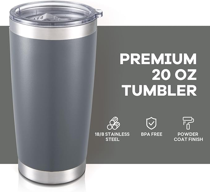 20 oz Tumbler with Lid Stainless Steel Insulated Tumblers Bulk Cups Mug | Double Wall Vacuum, Powder Coated, Keep Drinks Cold and Hot, Waterproof Lid, Fit of Car Cup Holders, Grey, 4 Pack