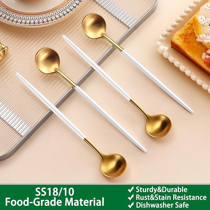 9 Inches Satin Gold Stainless Steel 18/10 Iced Teaspoons With White Handle,Set Of 4 Latte Spoons,Long Handle Coffee Stirring Spoons,Sundae Spoon For Mixing Cocktail Spoon