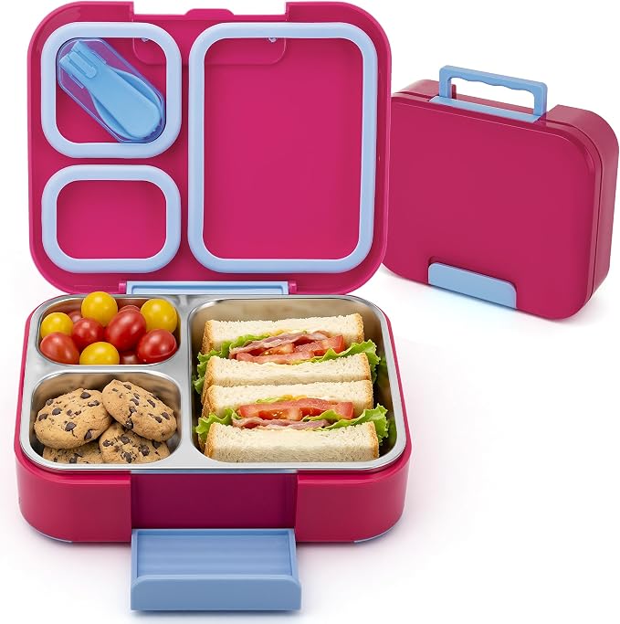Bento Lunch Box for Kids, 3 Compartment 304 Stainless Steel Food Container with Handle & Spork, Kids Lunch Box Fits Ice Pack, BPA-Free, Rose Red