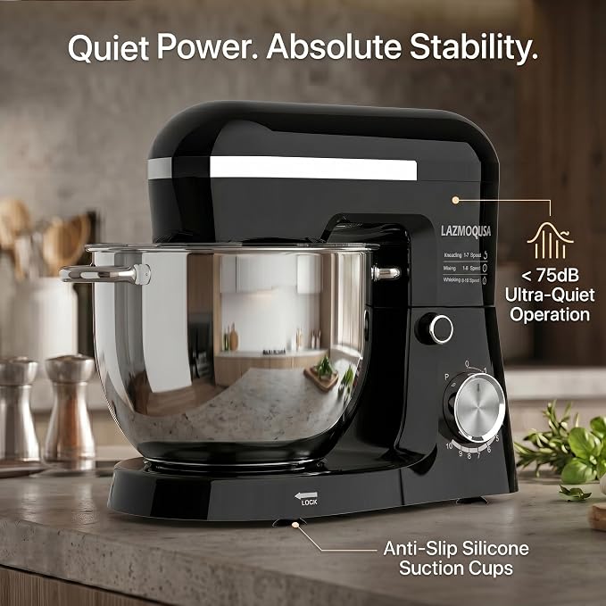 6in1 Stand Mixer with 6.5 Quart Bowl, 660W 10+p Speeds Kitchen Food Mixer Tilt-Head Bread Dough and Cake Mixers for Home Daily Use (Black)