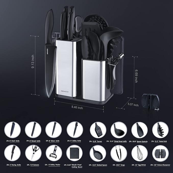 Kitchen Utensils Set,18-Piece Cooking Utensils and Knife Set,Black | Food-grade Silicone Heat-safe to 410°F, Detachable Stainless Steel Holder, 5 Kitchen Knives and Cutting Board All-in-one
