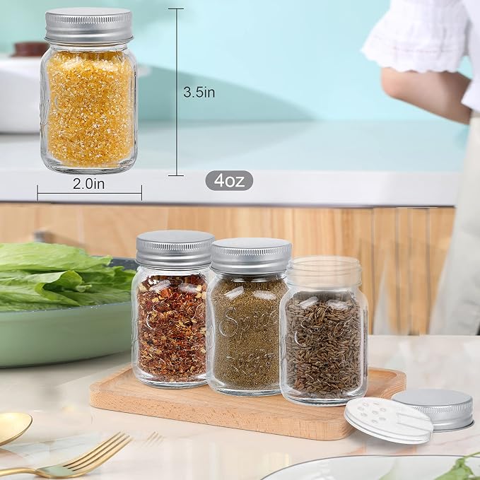 30 Pack 4oz Glass Mason Spice Jars Bottles | Empty Round Spice Containers with Silver Airtight Metal Caps and Pour/Sift Shaker Lid