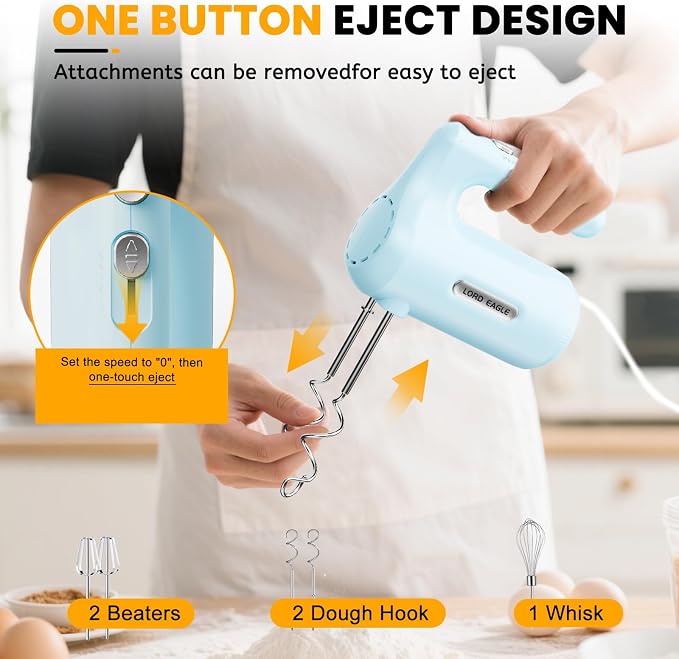 Lord Eagle 5-Speed Small Hand Mixer Electric, 300W Compact Portable, Blue | Handheld Kitchen Mixer Egg Beater with 5 Attachments & Storage Bag, Cake Supplies for Bread Dough Baking, Lightweight