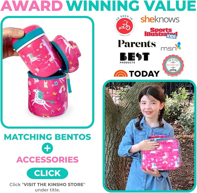 kinsho Bento Lunch Box, Bottle, Bag, Ice Pack for Small Kids, Pink Unicorn | 5 Leakproof Portion Compartments, BPA-Free Removable Tray, Insulated Meal or Snack Container for Pre-School Daycare