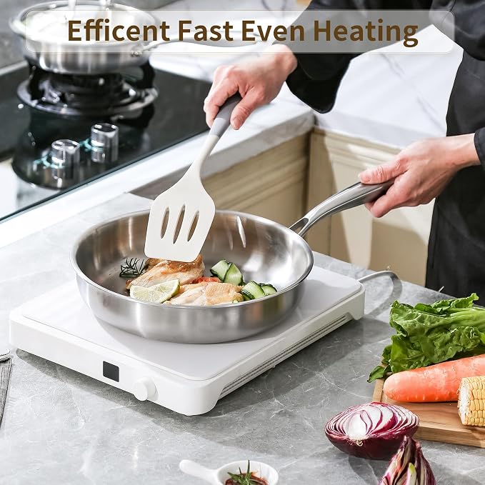 DELARLO Tri-Ply Stainless Steel Pan,18/10, 12.5" | Nontoxic Durable Oven Safe 800℉ All Cooktops Compatible Fast Even Heat PFOA Free Large Frying Pan Nontoxic Cookware