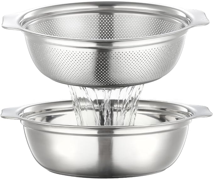 Colander for Kitchen Stainless Steel, 4QT Rice Strainer Bowl with Handle for Washing Pasta, Spaghetti, Vegetables, Fruit, Durable Use, Dishwasher Safe(2PC)