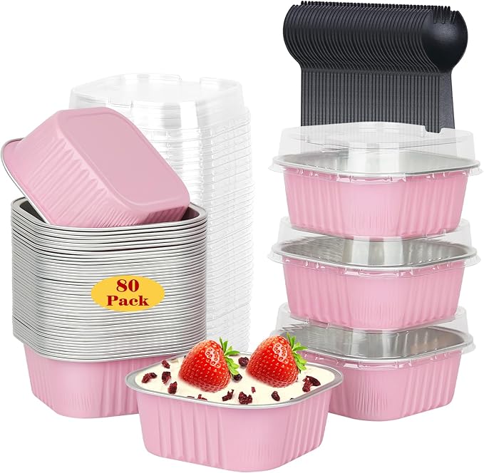 LNYZQUS 80 Pack 10oz Mini Cake Pans with Lids and Spoons for Bake Sales | Disposable, 4" Individual Baking Tins, Square Cinnamon Roll Containers, Small Aluminum Dessert Cups for Farm Stand, Pink