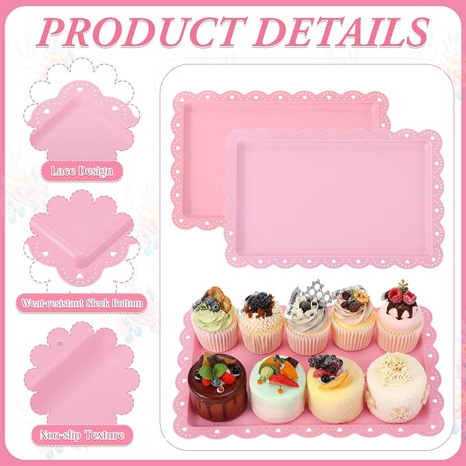 6 Pcs Pink Serving Trays Plastic Platters Dessert Cupcake Holder Party Supplies 14.4 x 9.3 Inches Rectangular Cookie Snack Display Tray for Wedding Restaurant