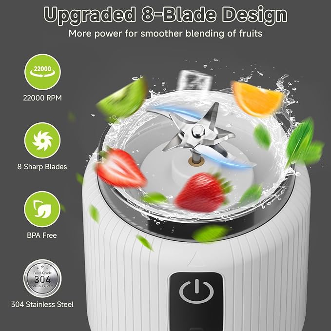 COKUNST Portable Blender, Smoothie Blender with LED Display, 17 oz, White | 8 Blades, LED Display, USB-C Charging, Blender for Smoothie, Shake and Protein, Cordless, Perfect for Home, Travel, Office