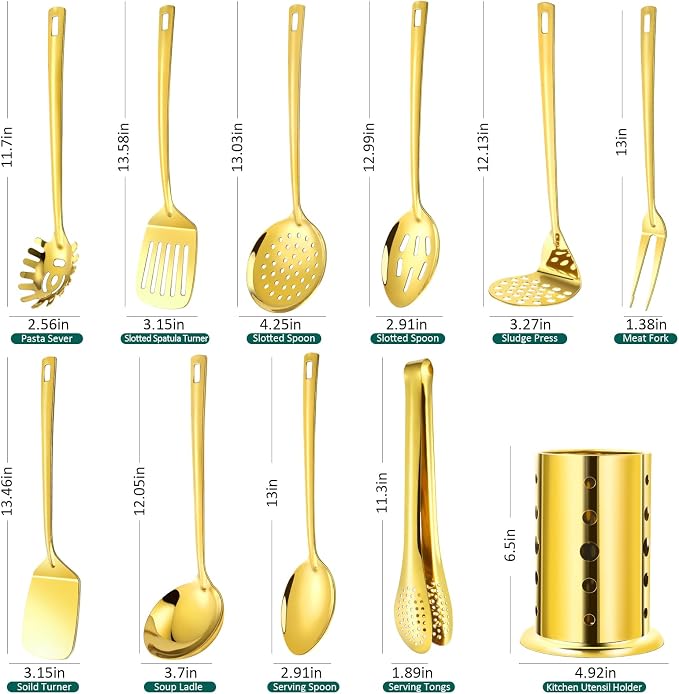 Gold Kitchen Utensils Set, 11 PCS Stainless Steel Cooking Utensils Set | Metal Kitchen Tool Set for Cooking with Turners, Potato Masher, Spatula, Spoons, Pasta, Tongs