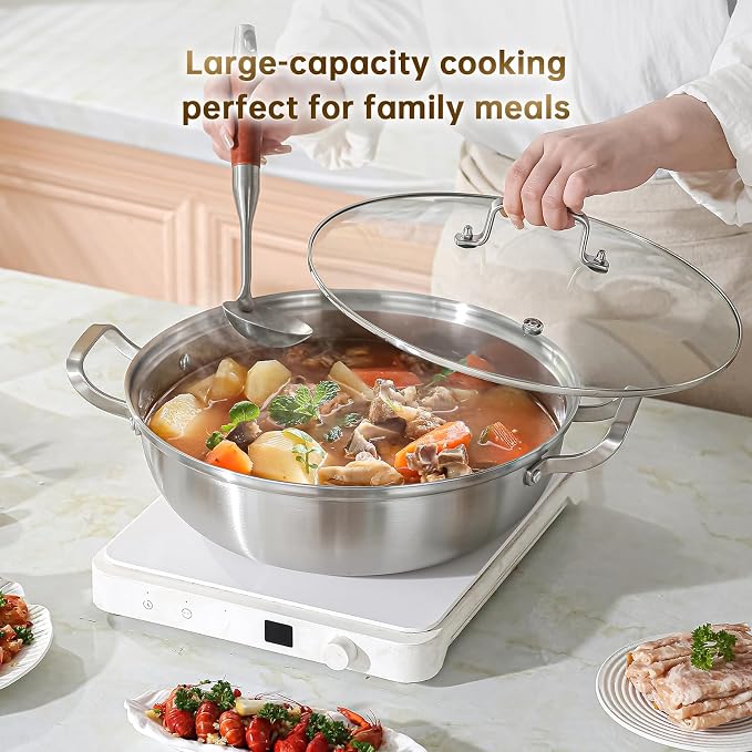 Yeksum Tri-Ply Stainless Steel Saute Pan,Deep Frying Pan with lid,Compatible with All Cooktops Up to 650℉, Everyday Pan,Hot Pot,Kadhai,Induction Cooking Pot,Dishwasher and Oven Safe. (7QT)