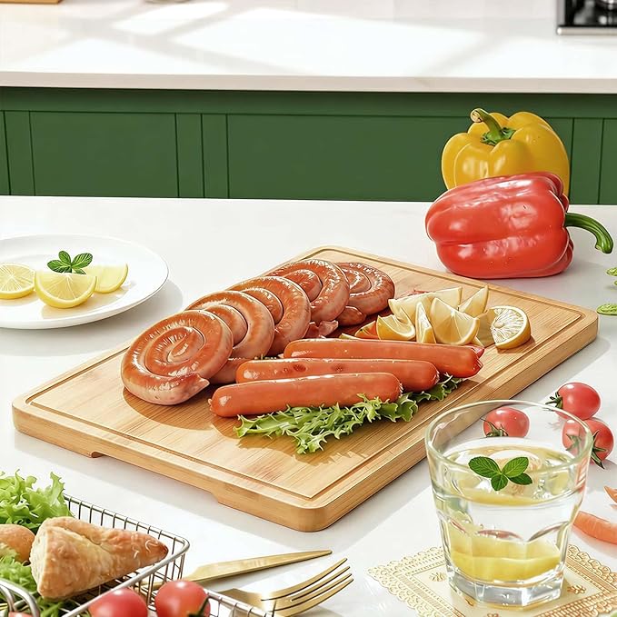 Zarler Bamboo Cutting Boards for Kitchen, 4 Piece Durable Wood Cutting Board with Juice Grooves and Handles, Wooden Chopping Board Set for Meal Prep, XL Size, Ideal Kitchen Gift