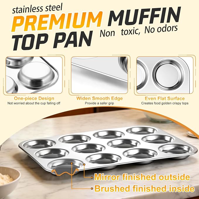 P&P CHEF 12-Cup Muffin Top Pan, Cupcake Pan with Shallow Side, 2PC & Silver | Stainless Steel Muffin Pan Cupcake Tin for Whoopie, Yorkshire Pudding, Egg Bite, Cupcake, Non-toxic & Easy Clean