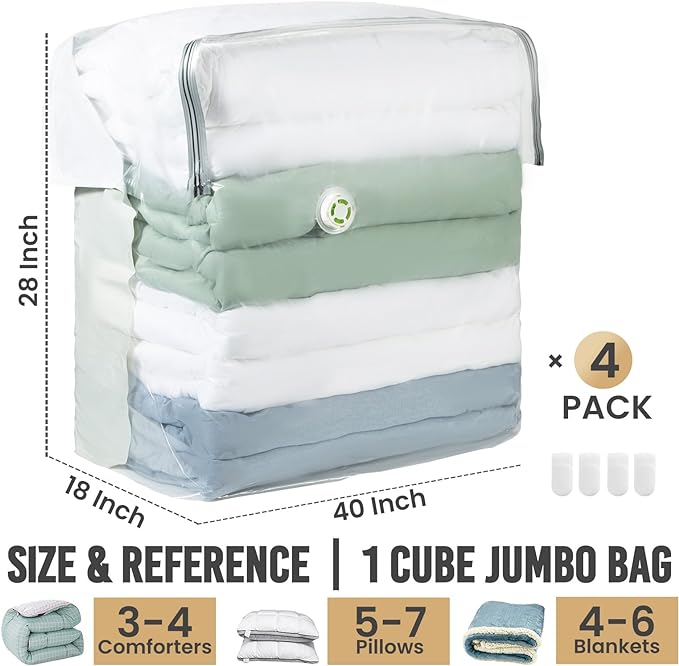 TAILI Vacuum Storage Bags 4 Pack, Extra Large Cube (40x28x18x18 Inch),Cream | Super Jumbo Vacuum Seal Bags for Beddings, Comforters, Blankets, No pump Compression Cube, Closet Space Saver