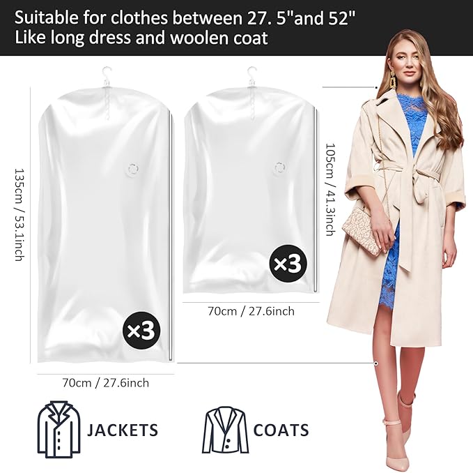 Hanging Vacuum Storage Bags, Space Saver Vacuum Seal Bag for Cloth, 6 Combo | Vacuum Seal Bags for Clothing, Hanging Garment Storage for Jackets, Suits, Dresses, Winter Clothes Storage Closet Organizer