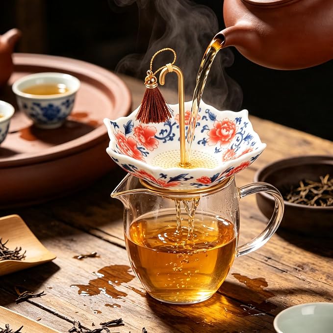 Blue and White Porcelain Umbrella Tea Infuser, Rotating Ceramic Loose Leaf Tea Strainer Filter with Base, Fine Mesh Tea Filter for Home Tea & Coffee Brewing, Unique Decorative Tea Gift (Red)
