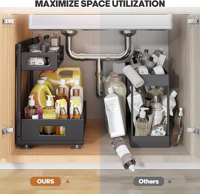 2 Pack Under Sink Organizer,Pull Out Cabinet Organizer with Smooth Cylindrical Rail,Metal Slide Out Drawer for Kitchen Bathroom Laundry Cabinet,8-Level Tool Free Height Adjustable-Black