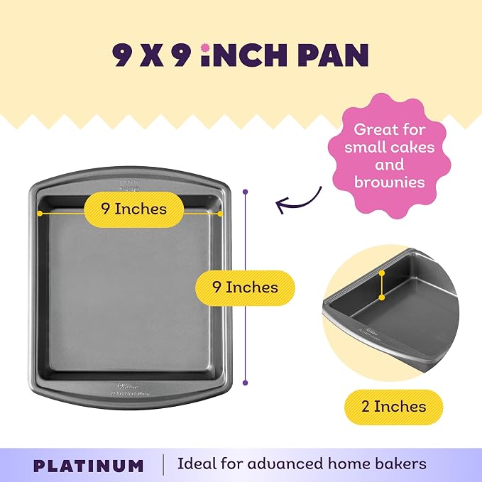 Wilton Platinum Non-Stick Square Pan, Stainless Steel, 9 x 9 in. | DURALAST Silicone Infused Double Coating, 5X More Durable with Anti-Warping Technology, Perfect for Brownies & Square Cakes