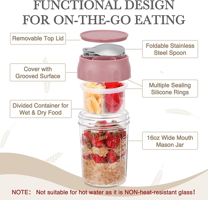 SOLIGT 2 Pack Overnight Oats Containers with Lids (Oat White/Rose Pink) | SOLIGT 4 Pack Overnight Oats Containers with Lids (White/Green/Rose/Blue)