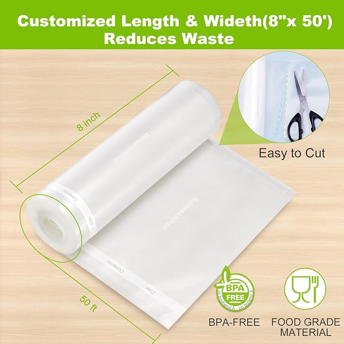 Bonsenkitchen Vacuum Sealer Bags, 8" x 50' Rolls 2 pack for Food Storage | Commercial Grade Textured Food Roll, Heavy Duty, Customized Size Bag for Sous Vide Cooking, BPA Free, VB3209