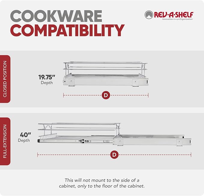 Rev-A-Shelf Steel Wire Pullout Drawer Organizer Shelf for Kitchen Cabinets, Slide Out Storage Basket, Min Opening Width of 14.5", 15" x 20", 5WB1-1520CR-1