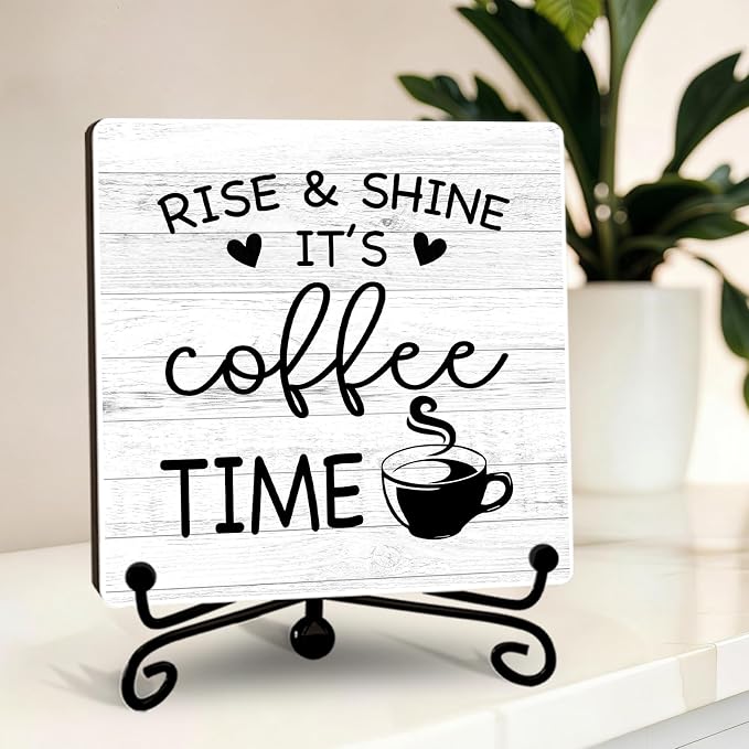 Minimalism Coffee Bar Decor, 5"x5" Coffee Bar Sign | Rise & Shine It's Coffee Time Wood Plaque with Stand | Funny Gift for Home Kitchen Tabletop Desk - A09