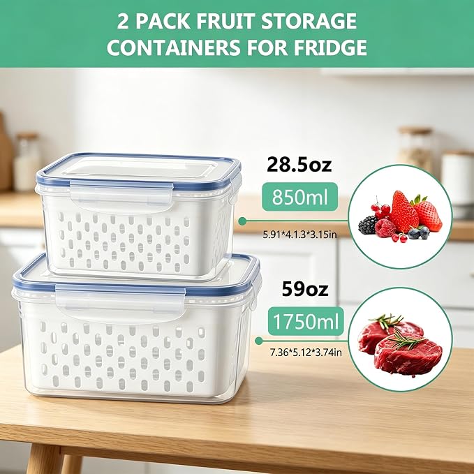 2 Pcs Fruit Storage Containers for Fridge with Removable Colander, Airtight Leakproof Produce Saver Set, Plastic Fridge Organizers for Vegetables, Berries & Meat, Dishwasher Safe