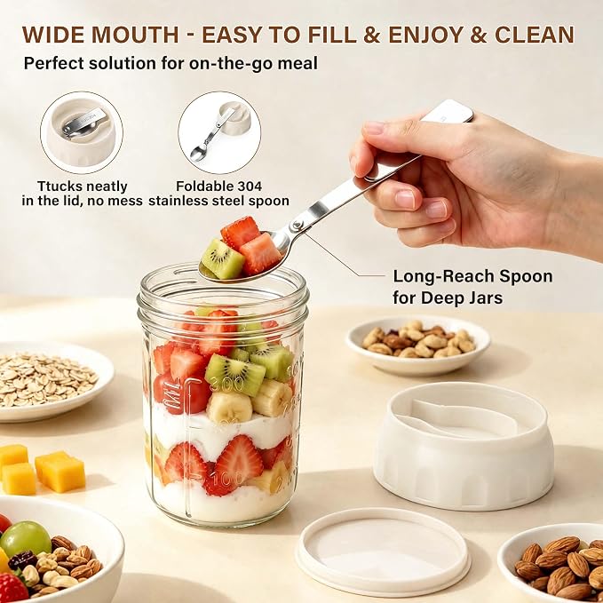 4 Pack Overnight Oats Containers with Lids & Foldable Spoon, 16oz Glass Oatmeal Jars with Divided Storage Tray, Portable Leakproof Yogurt Parfait Cups for Breakfast Meal Prep