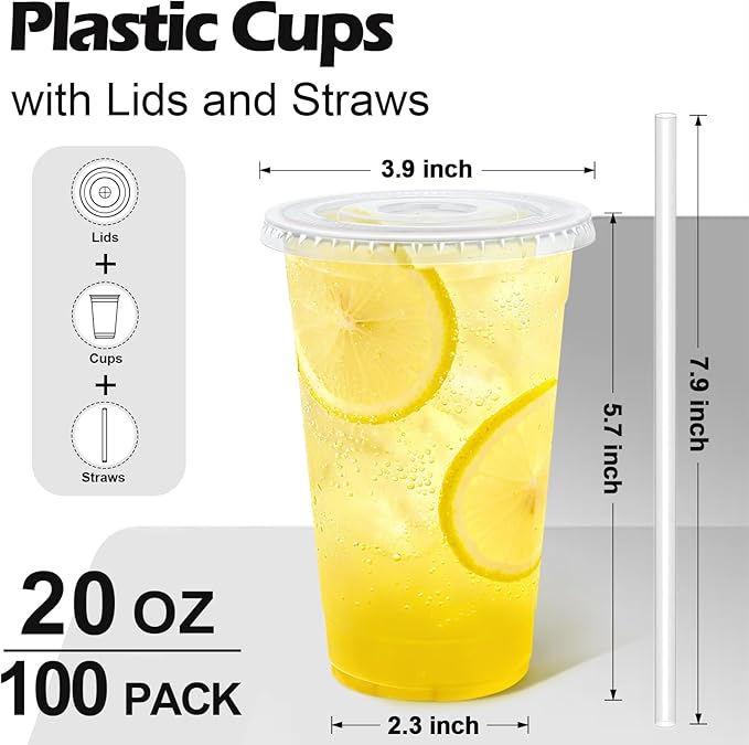 Lamosi 100 Pack 20 oz Clear Plastic Cups with Lids and Straws | Disposable Plastic Cold Cups for Iced Coffee, Smoothies, Parties, Picnics, Office Drinks, Light To-Go Use and Easy Cleanup