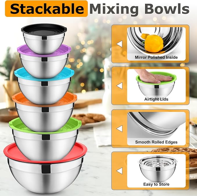 P&P CHEF Mixing Bowls with Lids Set of 6, Nesting Salad Bowl, Multicolor | Stainless Steel Bowl & 3 Grater Attachments & Plastic Lid, For Prepping Baking Storing, Sizes with 4.6/2.6/2/1.5/1/0.7 QT