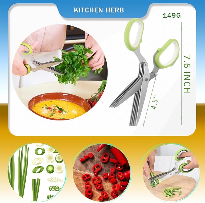 2 Pairs Herb Shears, 5 Blade Kitchen Salad Scissors Stainless Steel with Cover, Herb Scissors Upgrated Grinding Kitchen Shears for Chopping Cilantro Scallion & Salad (2 Pairs for Herb)