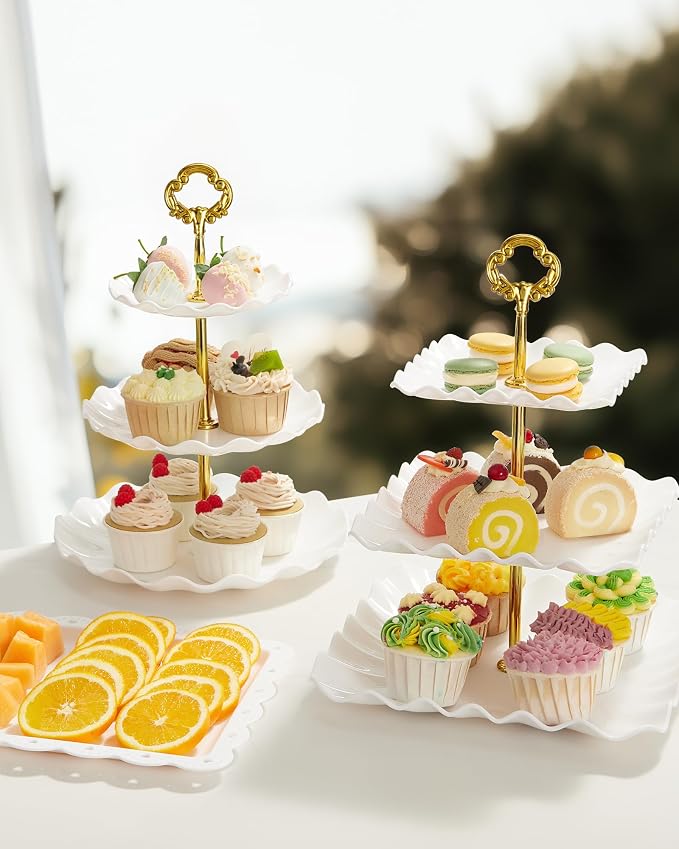 Kootek 10pcs Cupcake Stand Dessert Table Display Set Serving Tray for Party | 3-Tier Cupcake Stand, 6 Rectangular Trays, Hold 128 Standard Cupcakes, Cookie Display, BPA-Free, No Tools Required, Hand Wash