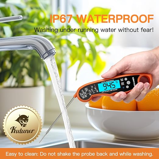 Digital Meat Thermometer Instant Read, Orange Waterproof Food Thermometer with 4.6" Folding Probe, Backlight & Calibration, 2-3s Fast Reading for Kitchen BBQ Grilling Cooking - Orange