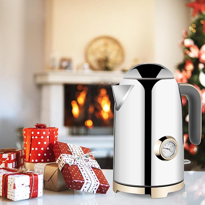 SUSTEAS 57oz Electric Kettle with Thermometer, Hot Water Pot, Glossy Silver | Electric Tea Kettle for Boiling Water, 1500W Stainless Steel Pot, Cordless LED Indicator, Auto Shut-Off & Boil Dry Protection