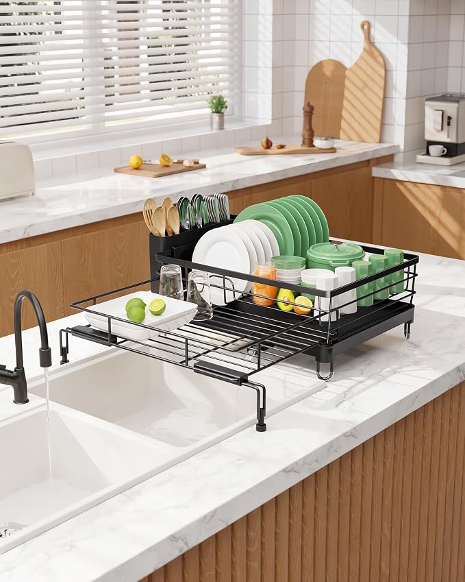 Kitsure Adjustable Dish Drying Rack, 15.6''-25.2''L × 16.9''W, Black | Large Dish Drying Rack, Rust-Resistant Dish Racks for Kitchen Counter, With Adjustable Support Legs, Cutlery Holder