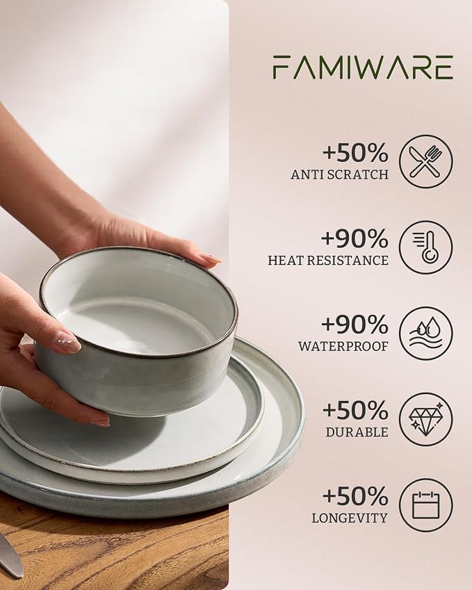 Famiware Annecy 12-Piece Stoneware Dinnerware Set, Grey White | Stoneware Plates and Bowls for 4, Handmade Reactive Glaze, Microwave & Dishwasher Safe, Chip & Scratch Resistant