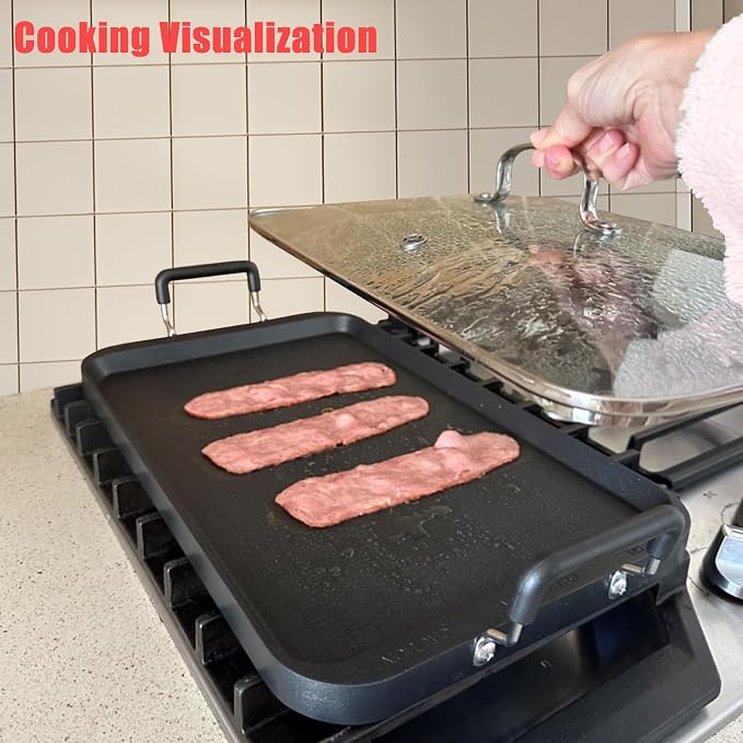 2 Burner Griddle Pan with Glass Lid, Stove Top Flat for Glass Stove Top, Aluminum Pancake, Non-Stick for Gas Grill, Double Burner Camping
