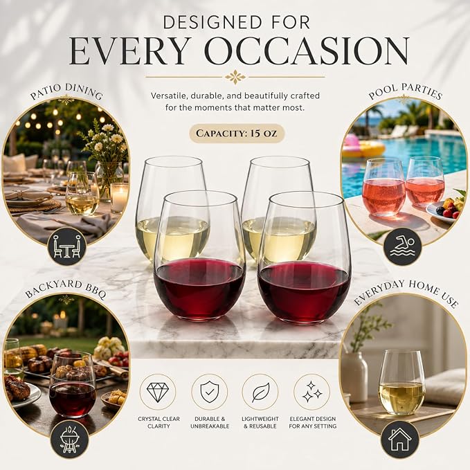 Khen Unbreakable Stemless Acrylic Plastic Drinkware Glasses, Shatterproof 100% Tritan Glasses | 4 Set | 15oz Wine Glassware, Dishwasher-Safe, BPA-free - Indoor & Outdoor, Clear Color