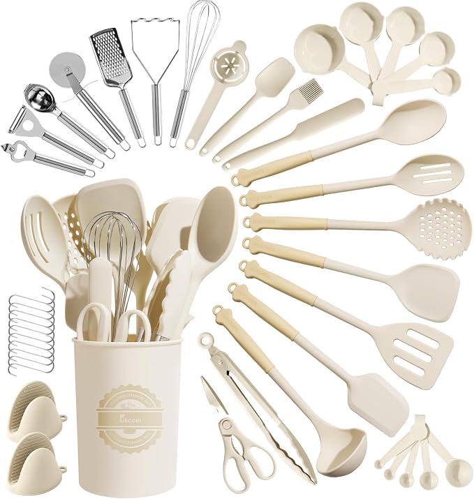 Kikcoin 43 PCS Silicone Kitchen Utensils Set, Dishwasher Safe Kitchen Cooking Utensils Set, 446°F Spatulas Silicone Heat Resistant, Non Toxic Silicone Utensils Set With Two-Tone Grip Handles, Cream