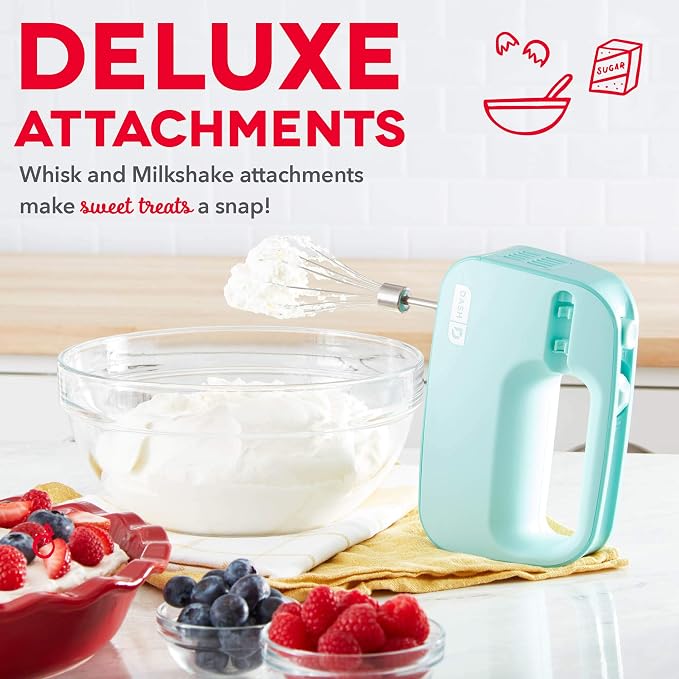 Dash SmartStore Hand Mixer - Electric Handheld Mixer For Everyday Baking - 3-Speed Power and One-Touch Beater Ejector Button - Aqua, Includes Whisk and Milkshake Attachments