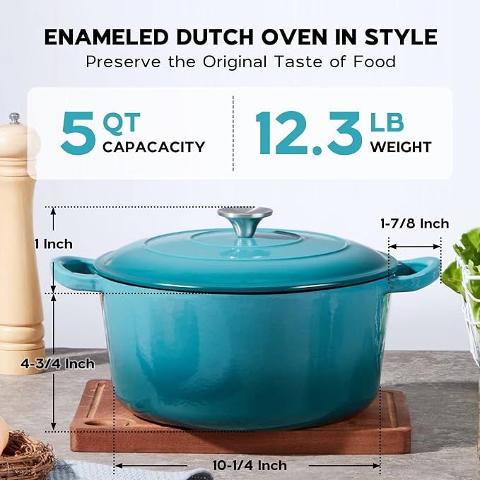Onader 5QT Dutch Oven for Bread Baking, Enameled Cast Iron Round Dutch Oven Pot with Lid, Heavy Duty - Dark Cyan