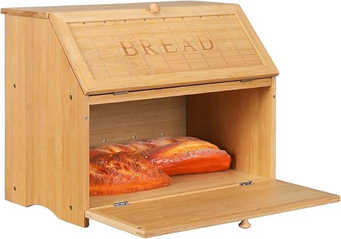 HOMEKOKO Vintage Double Layer Large Bread Box, Retro Design, Natural Bamboo | Keeps Bread Fresh 3-4 Days, 2-Tier Capacity Fits 2+ Loaves,Suitable For Farmhouse/Rustic Kitchens Use, Retro Design